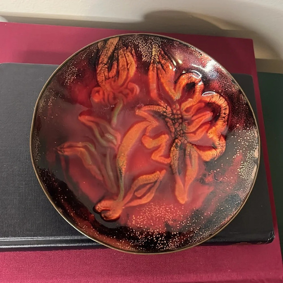 Enamel Copper Burgundy Gold flecks Flower Leaf Design Hand Crafted Bowl Signed - Picture 3 of 9